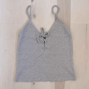 TopShop Grey Rib Knit Tie Front Spaghettini Strap Crop
